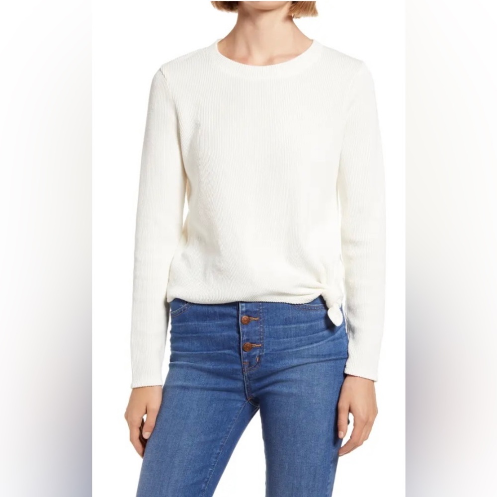 Madewell Texture and Thread Ribbed White Tie Knot Shirt